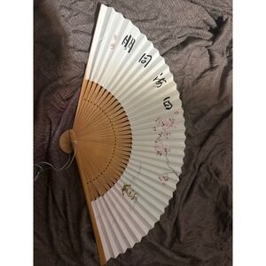 Vintage Chinese Bamboo Folding Hand Fan Cherry Blossom Calligraphy White Wood